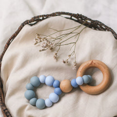 Infinity teether toy. Nature. Blue. Handmade in Australia from BPA-free silicone and natural beech wood timber teething ring.