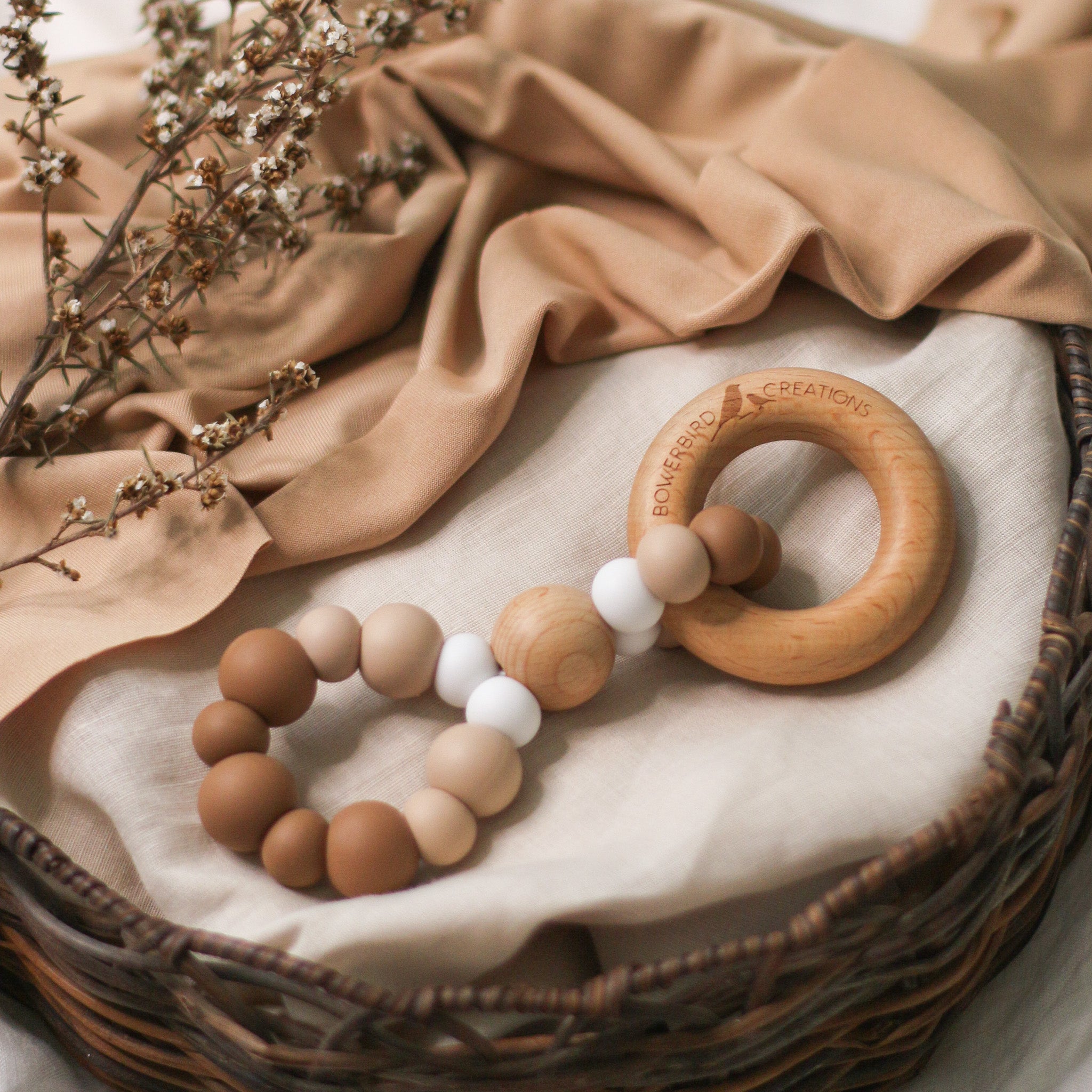 Infinity teething toy Nature. Brown. Handmade in Australia from BPA-free silicone and natural beech wood timber teething ring.