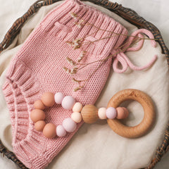 Infinity teething toy Nature. Pink Handmade in Australia from BPA-free silicone and natural beech wood timber teething ring.