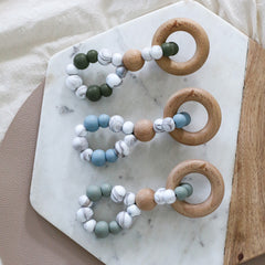 Teething toys infinity by Bowerbird Creations. Handmade from silicone and beech wood timber teething ring. Made in Australia. Marble and Sage.