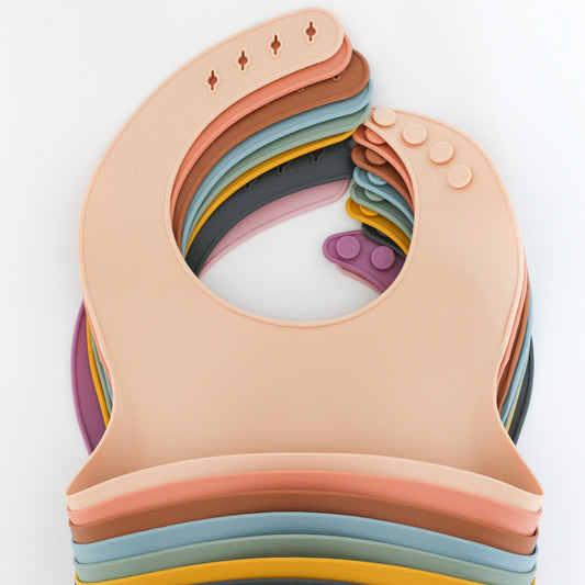 Silicone bibs for baby. Pink, blue, apricot, cream, mustard, sage.