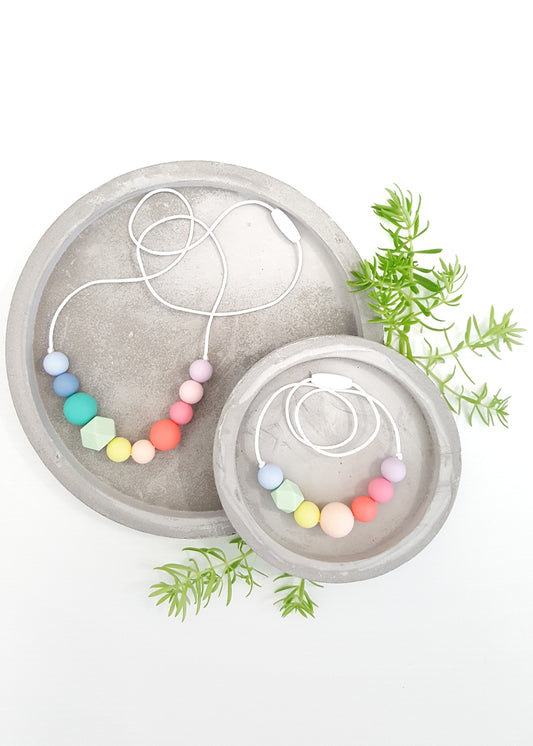 Pastel rainbow silicone necklaces for mum and daughter. Non-toxic silicone.