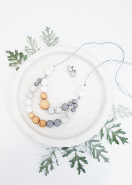 A modern, fresh ladies necklace with twin strands of Bpa-free silicone beads & Beech timber features - Mirage Necklace - Bowerbird Creations