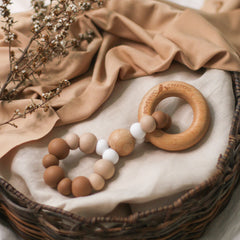 Infinity teething toy Nature. Brown. Handmade in Australia from BPA-free silicone and natural beech wood timber teething ring. 