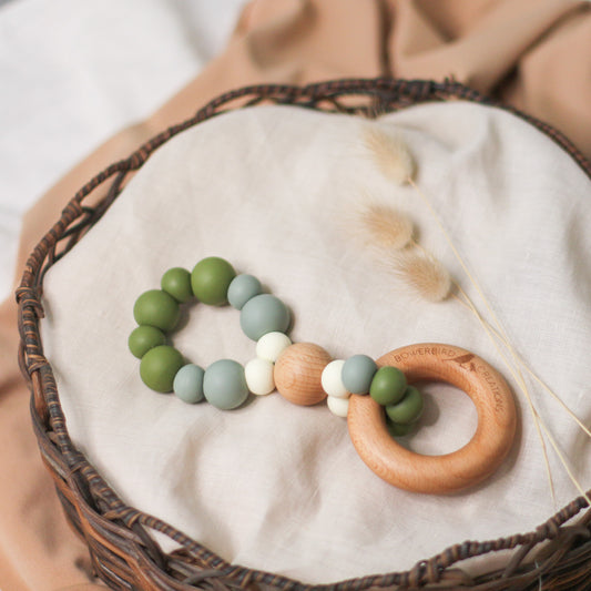 Infinity teething toy Nature. Green. Handmade in Australia from BPA-free silicone and natural beech wood timber teething ring. 