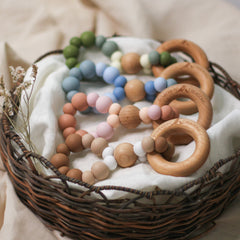 Infinity teether toys Nature. Blue, green, pink and brown. Handmade in Australia from BPA-free silicone and natural beech wood timber teething ring. 