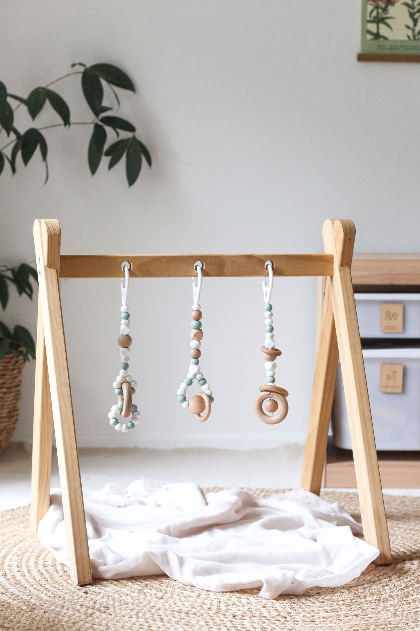 Timber/silicone play gym toys, handmade, certified safe - sage