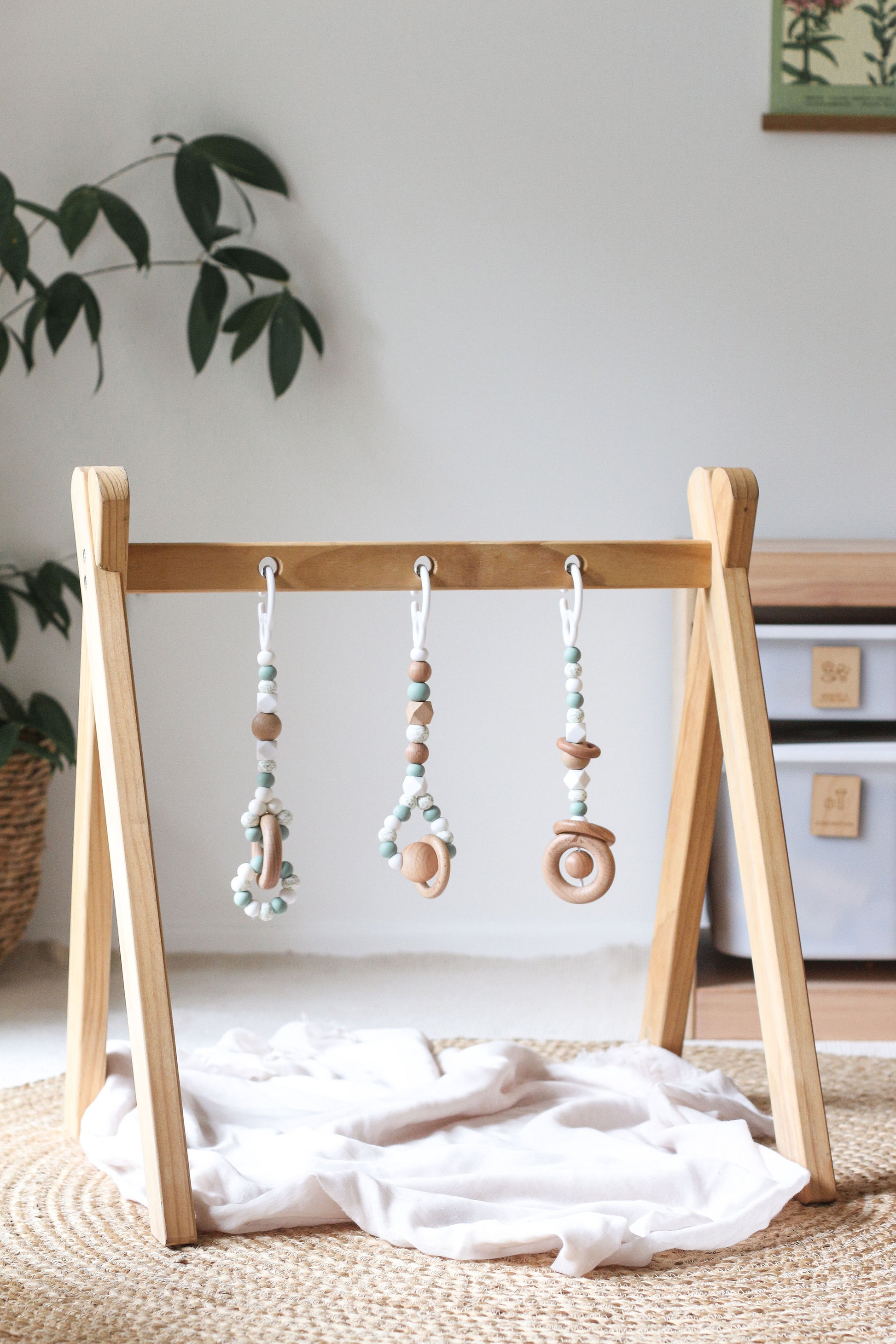 Timber/silicone play gym toys, handmade, certified safe - sage