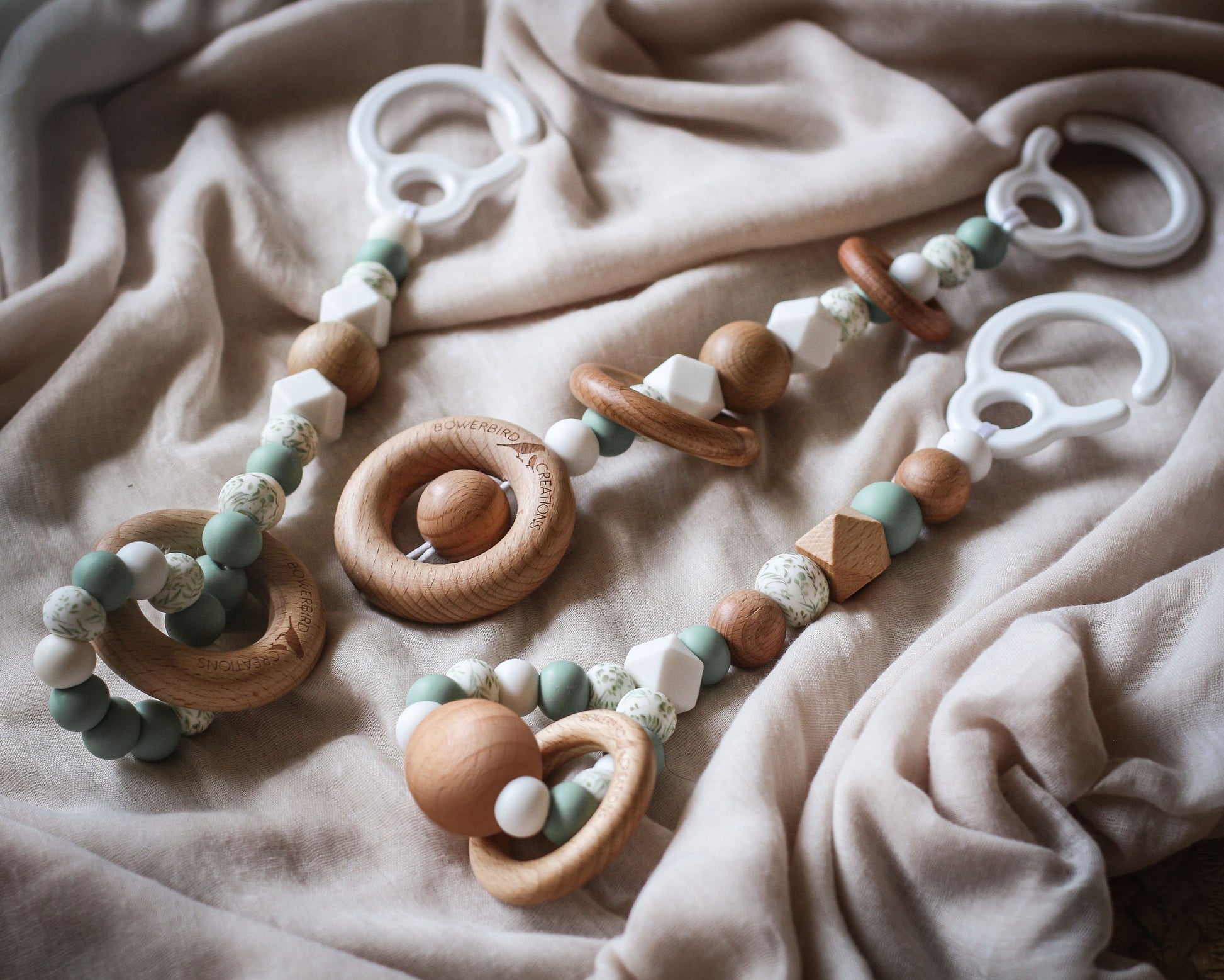 Timber/silicone play gym toys, handmade, certified safe - sage