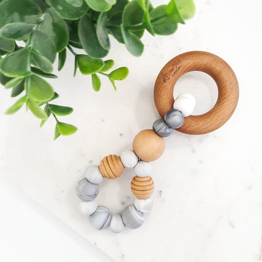 Infinity teething toy in silver marble. Teether made from BPA-free silicone and natural beechwood timber teething ring. Wooden and silicone beads. 